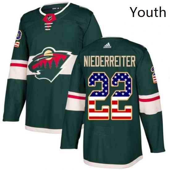 Youth Adidas Minnesota Wild 22 Nino Niederreiter Authentic Green USA Flag Fashion NHL Jersey
